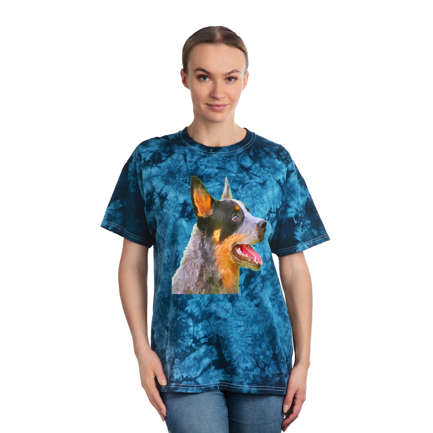 Blue Heeler - Australian Cattle Dog 'Percy' Unisex Cotton Tie-Dye Tee, Crystal