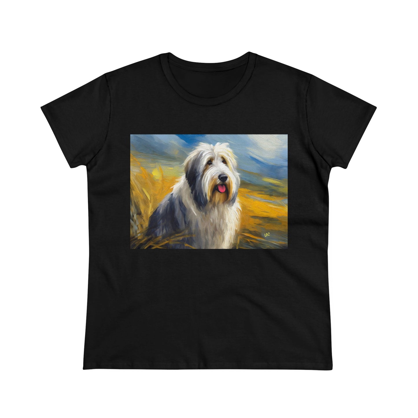 Old English Sheepdog Women's Cotton Tee with Fine Art Painting