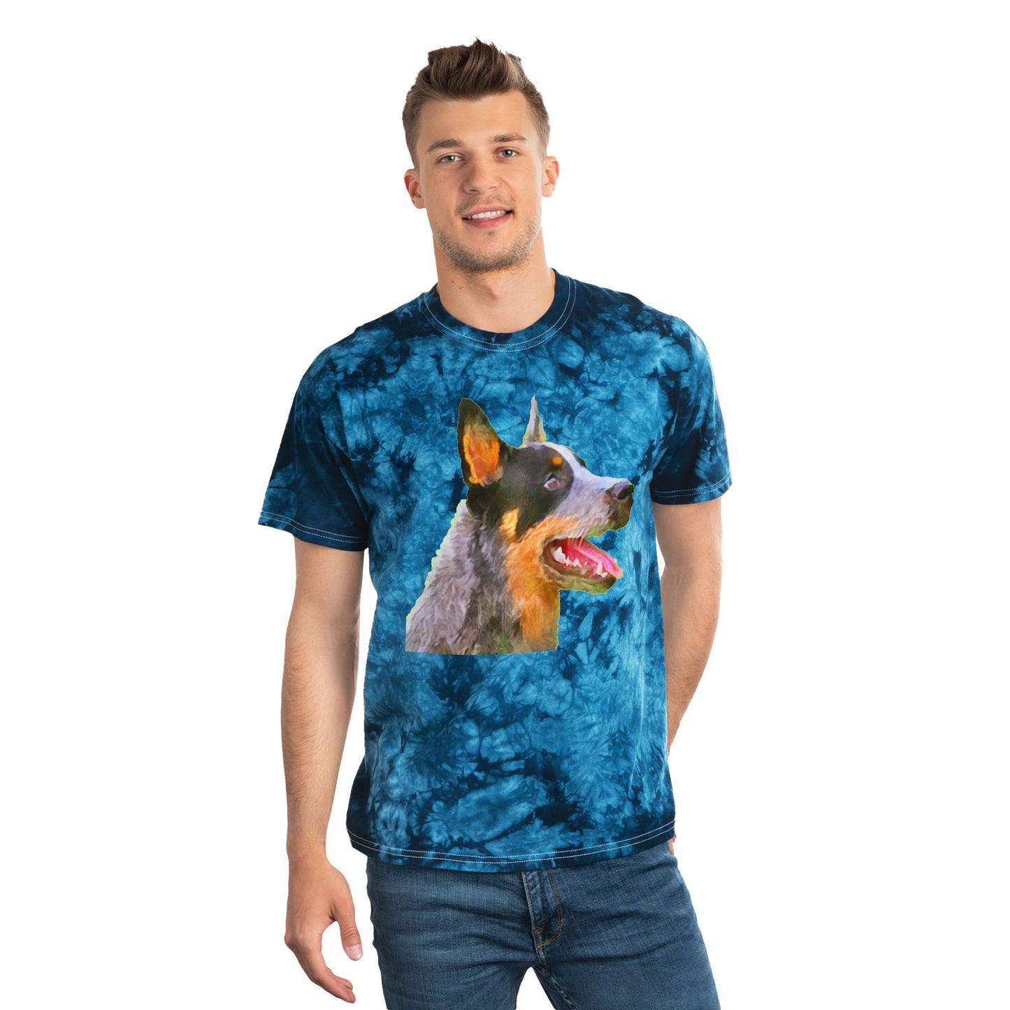 Blue Heeler - Australian Cattle Dog 'Percy' Unisex Cotton Tie-Dye Tee, Crystal