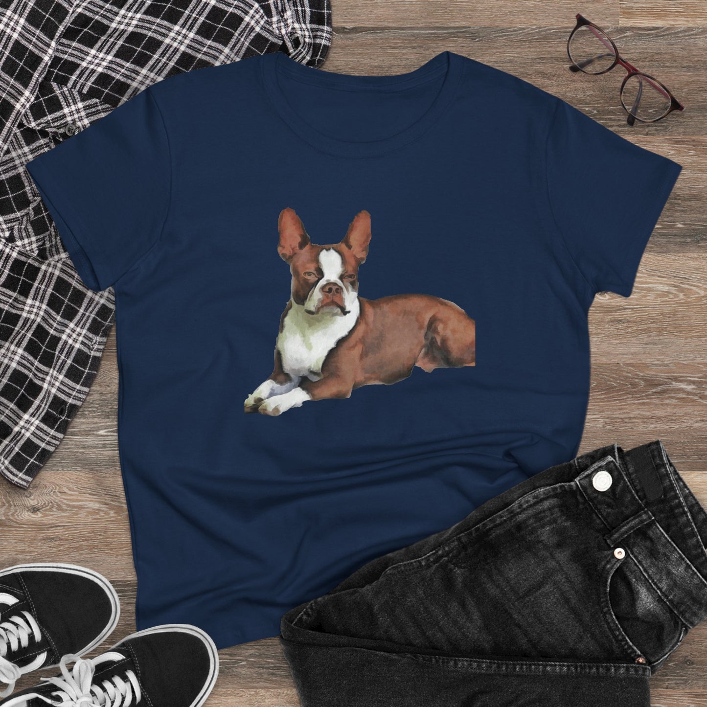 Boston Terrier Midweight Cotton Tee - Brown & White