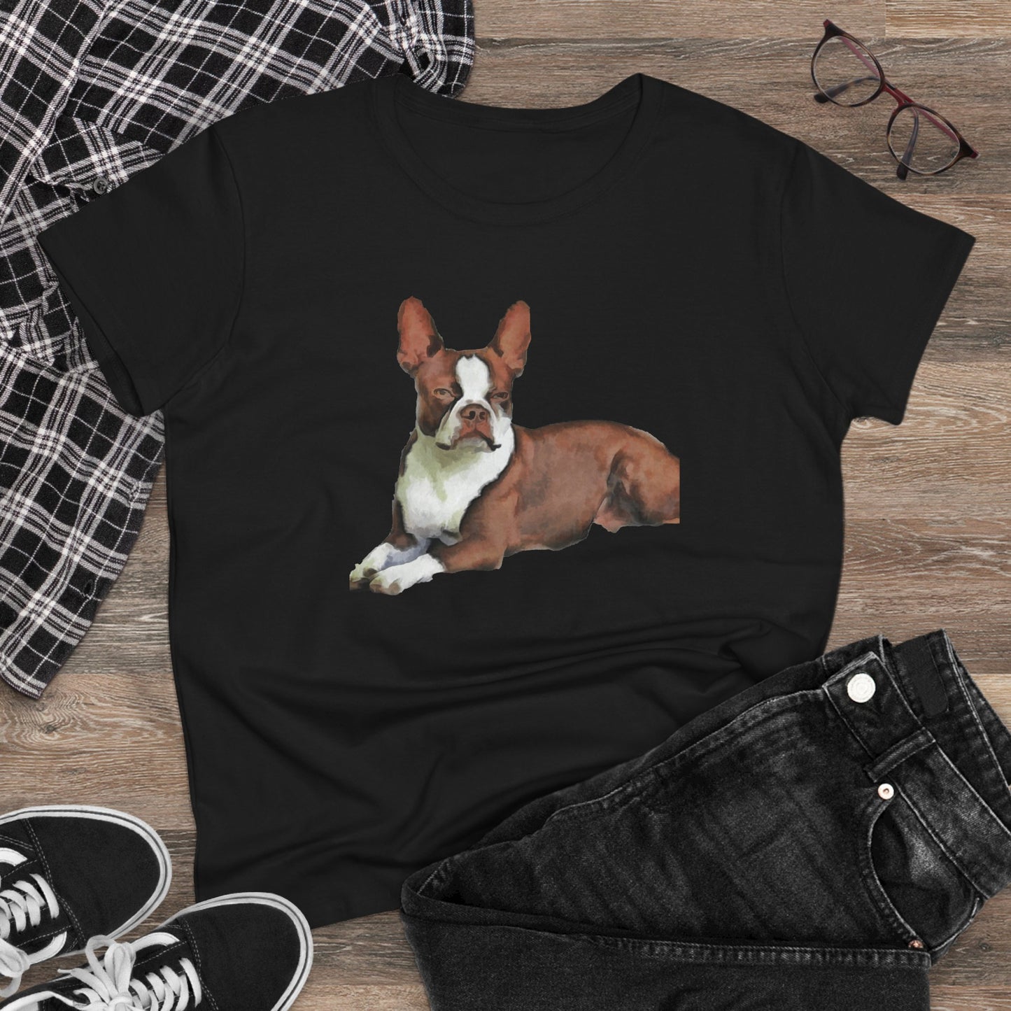 Boston Terrier Midweight Cotton Tee - Brown & White