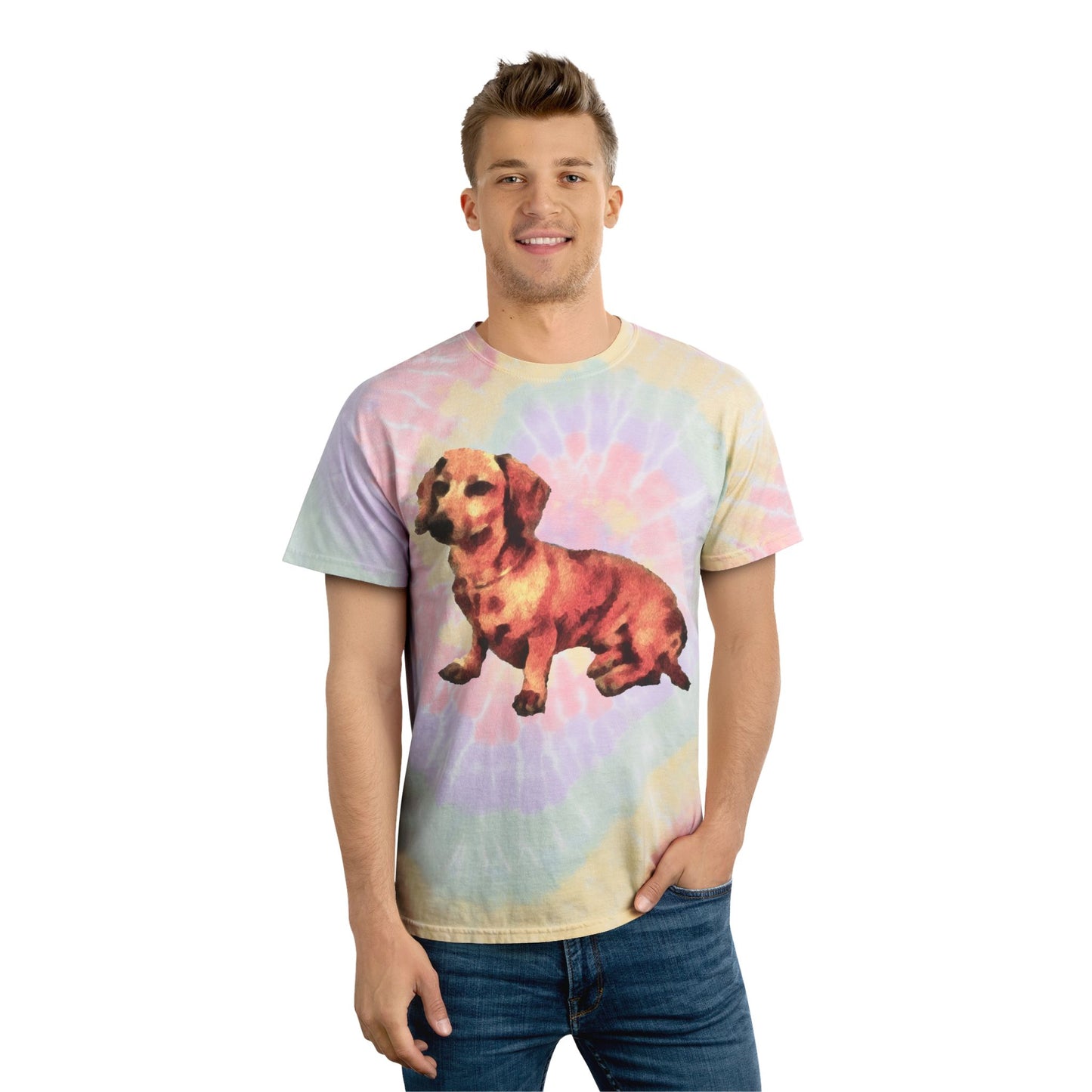 Dachshund 'Simone' Unisex Cotton Tie-Dye Tee, Spiral