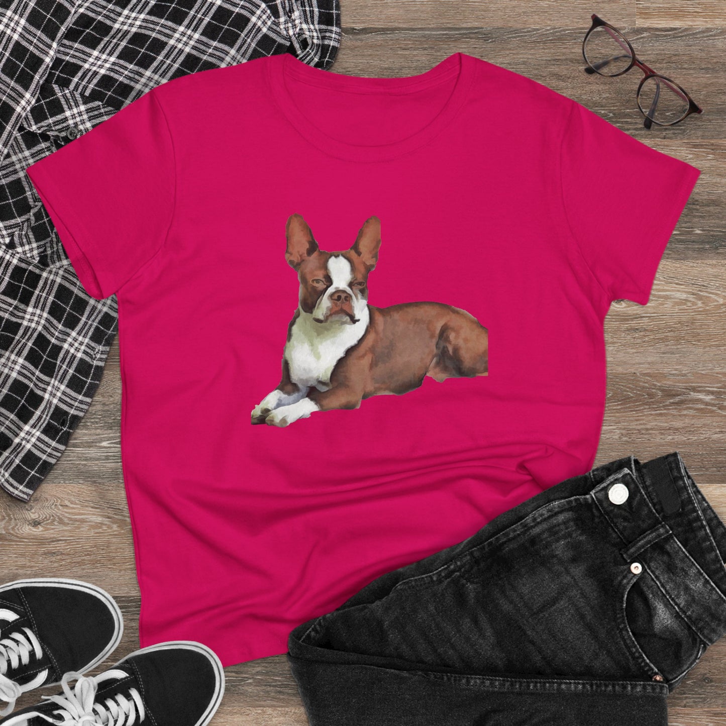 Boston Terrier Midweight Cotton Tee - Brown & White