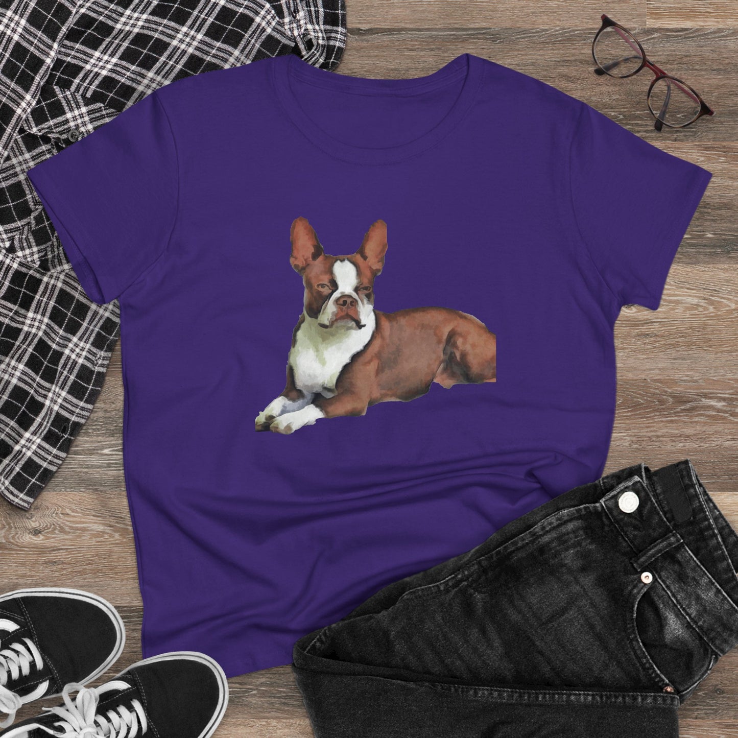 Boston Terrier Midweight Cotton Tee - Brown & White