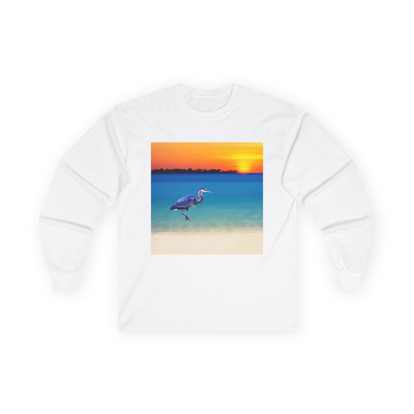 Blue Heron in Sunset Classic Cotton Long Sleeve Tee