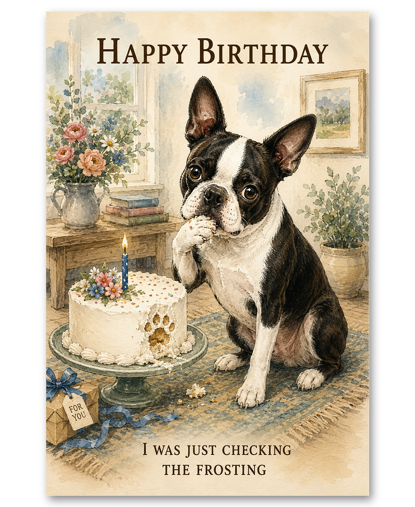 Boston Terrier - Cake Paw Print - Birthday Card