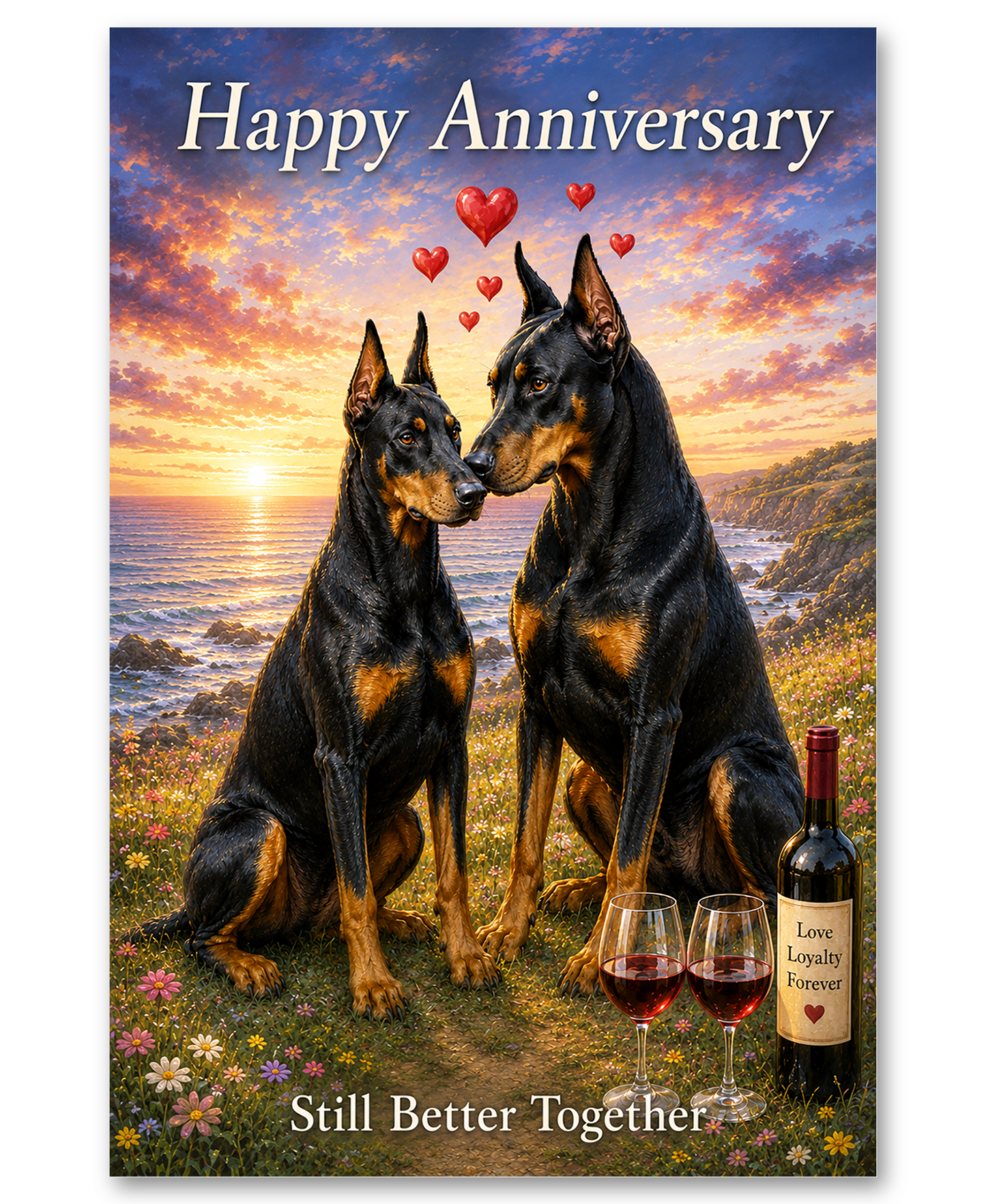Doberman Pinscher Anniversary at Ocean Sunset