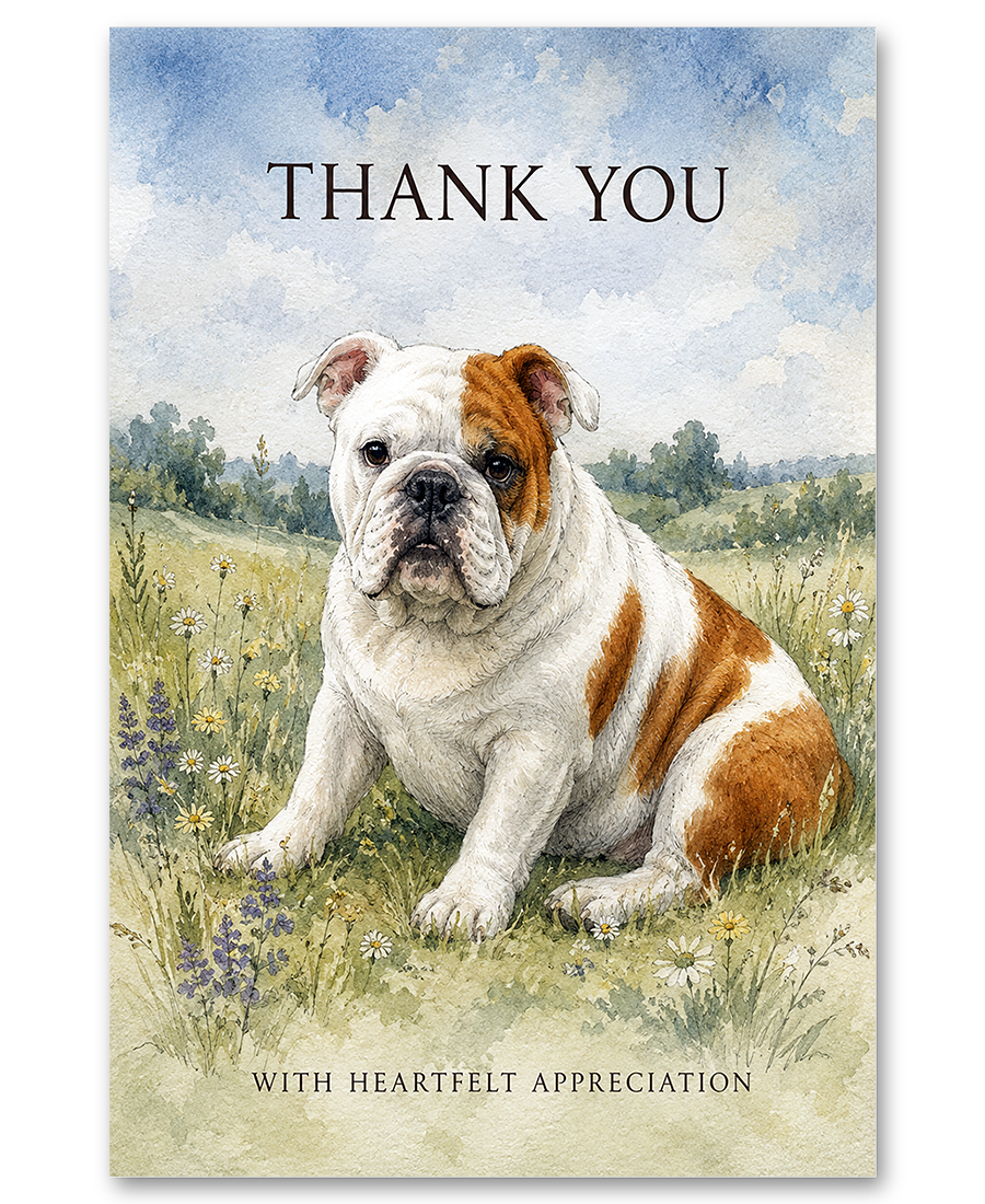English Bulldog - In the Meadow - Thank You Cards
