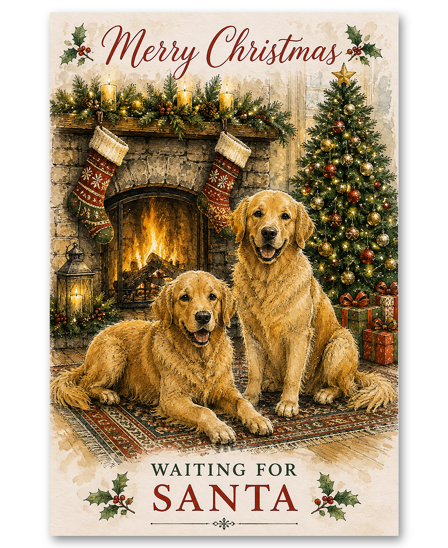 Golden Retrievers Waiting For Santa Clause