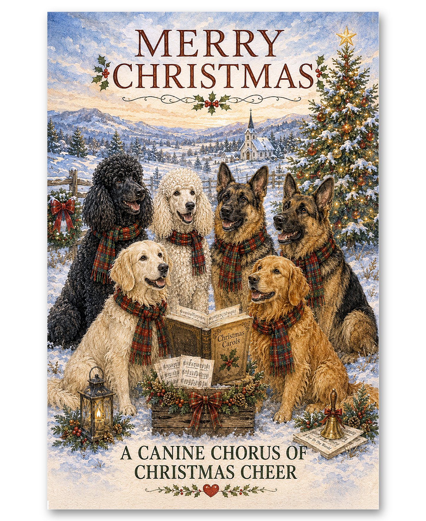Poodles, German Shepherds and Golden Retrievers Caroling In the Snowy Countryside
