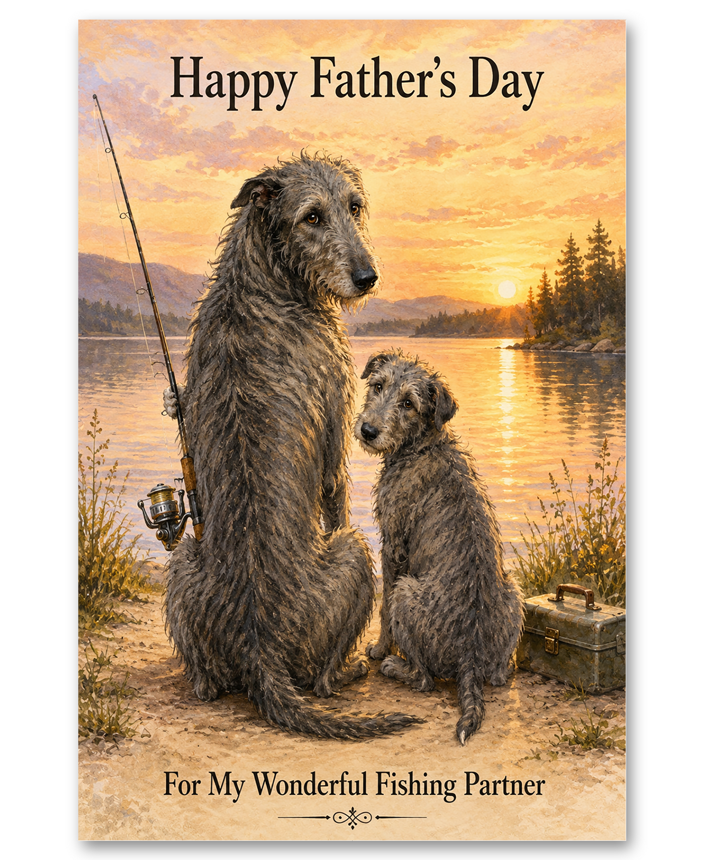 Scottish Deerhound Fishing at Sunset for Father's Day
