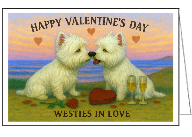 Westies In Love - Valentine's Day Card - 5 x 7 inches. - Single Card with Envelope