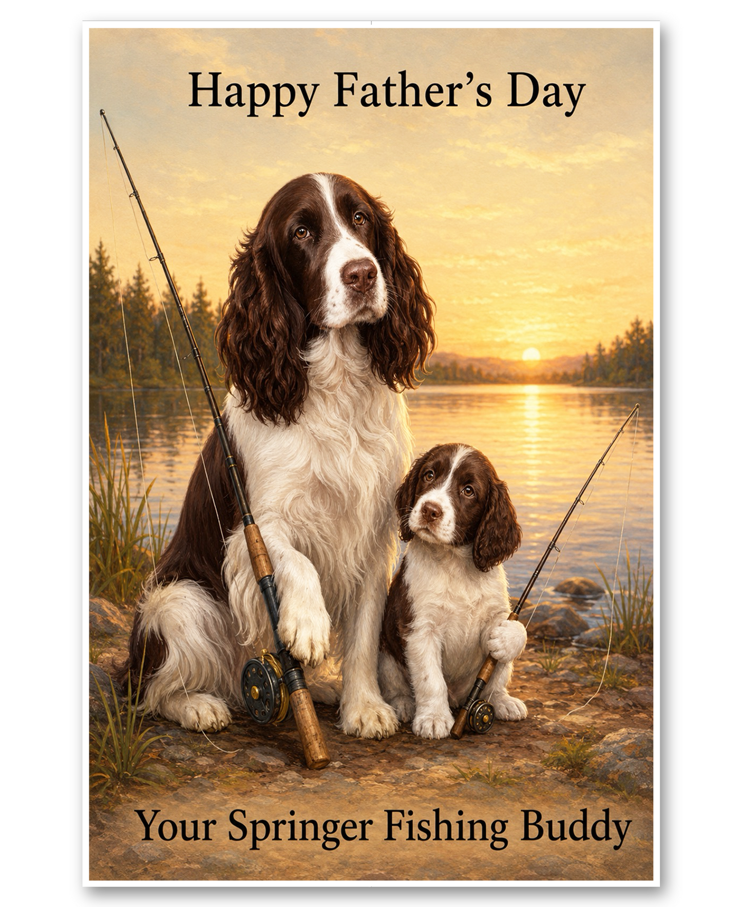 English Springer Spaniels Fishing at Sunset - Father's Day Card