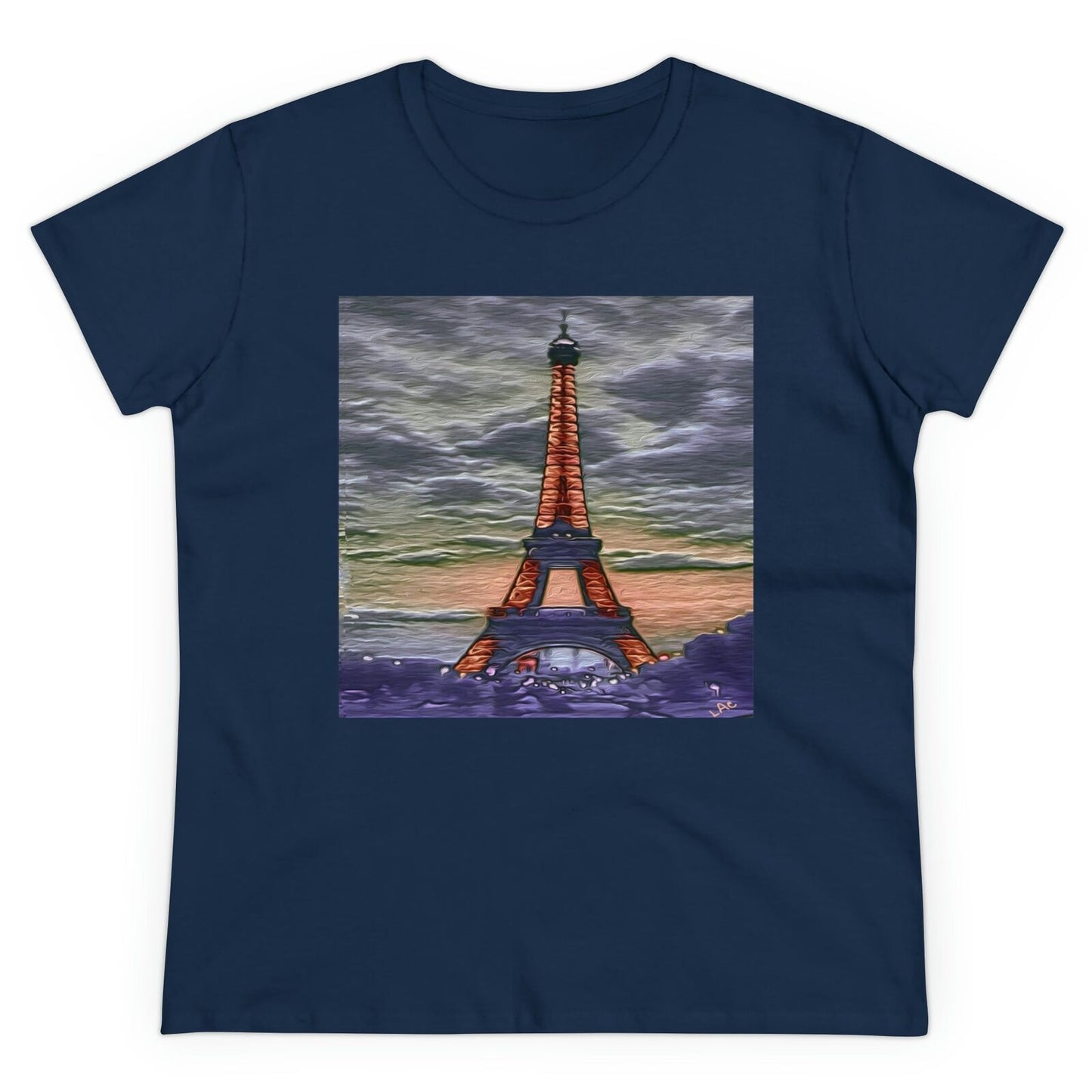 Eiffel Tower Sunset - Women's Midweight Cotton Tee (Color: Navy)