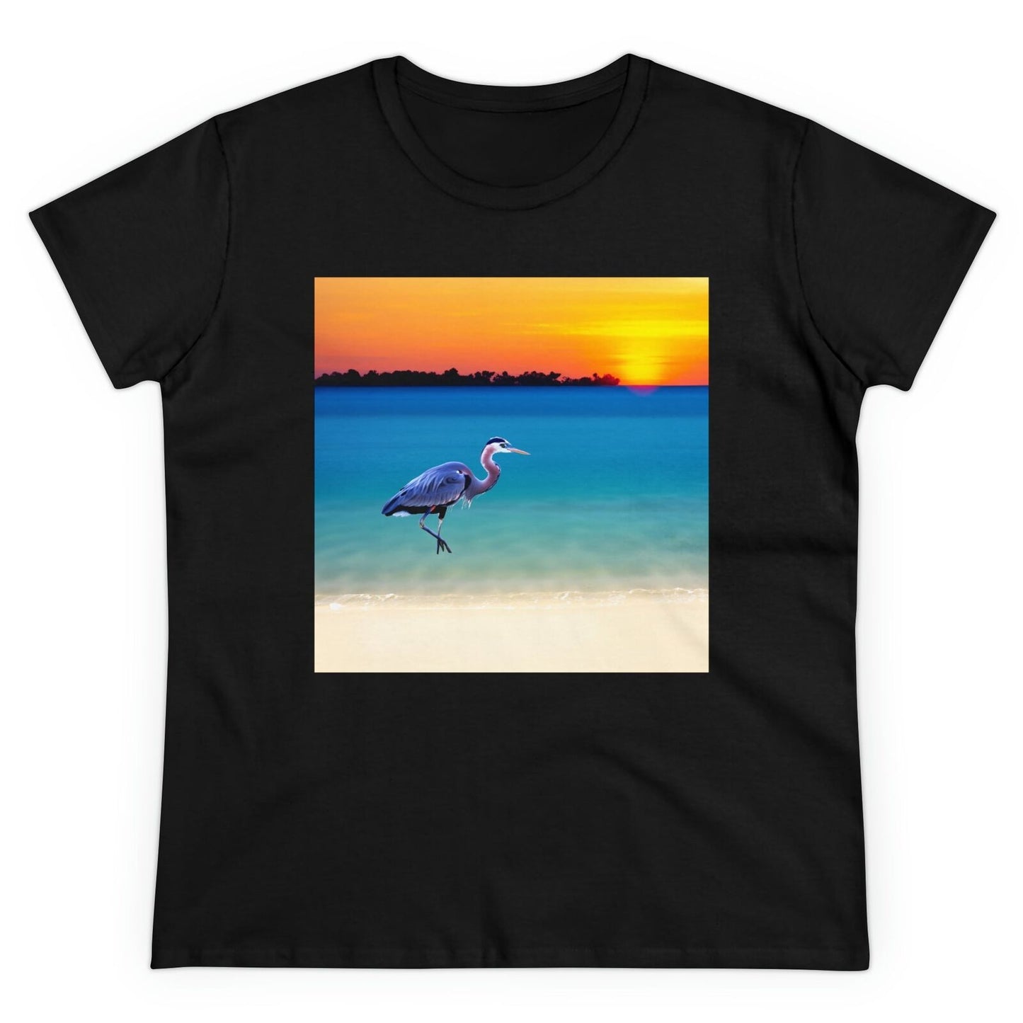 Blue Heron in Sunset Women's Midweight Cotton Tee (Color: Black)