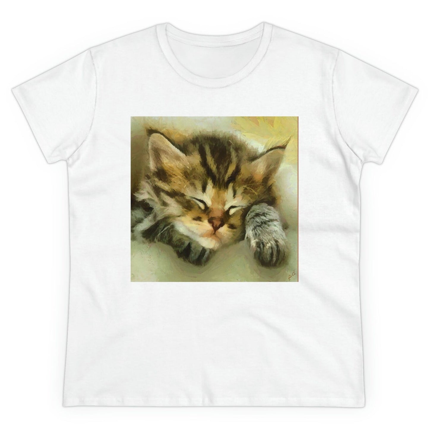 Calico Kitten 'Sleepy Brucie' Women's Midweight Cotton Tee (Color: White)