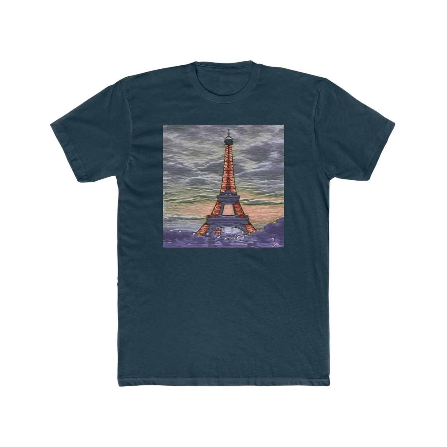 Eiffel Tower Sunset - Men's Fitted Cotton Crew Tee (Color: Solid Midnight Navy)