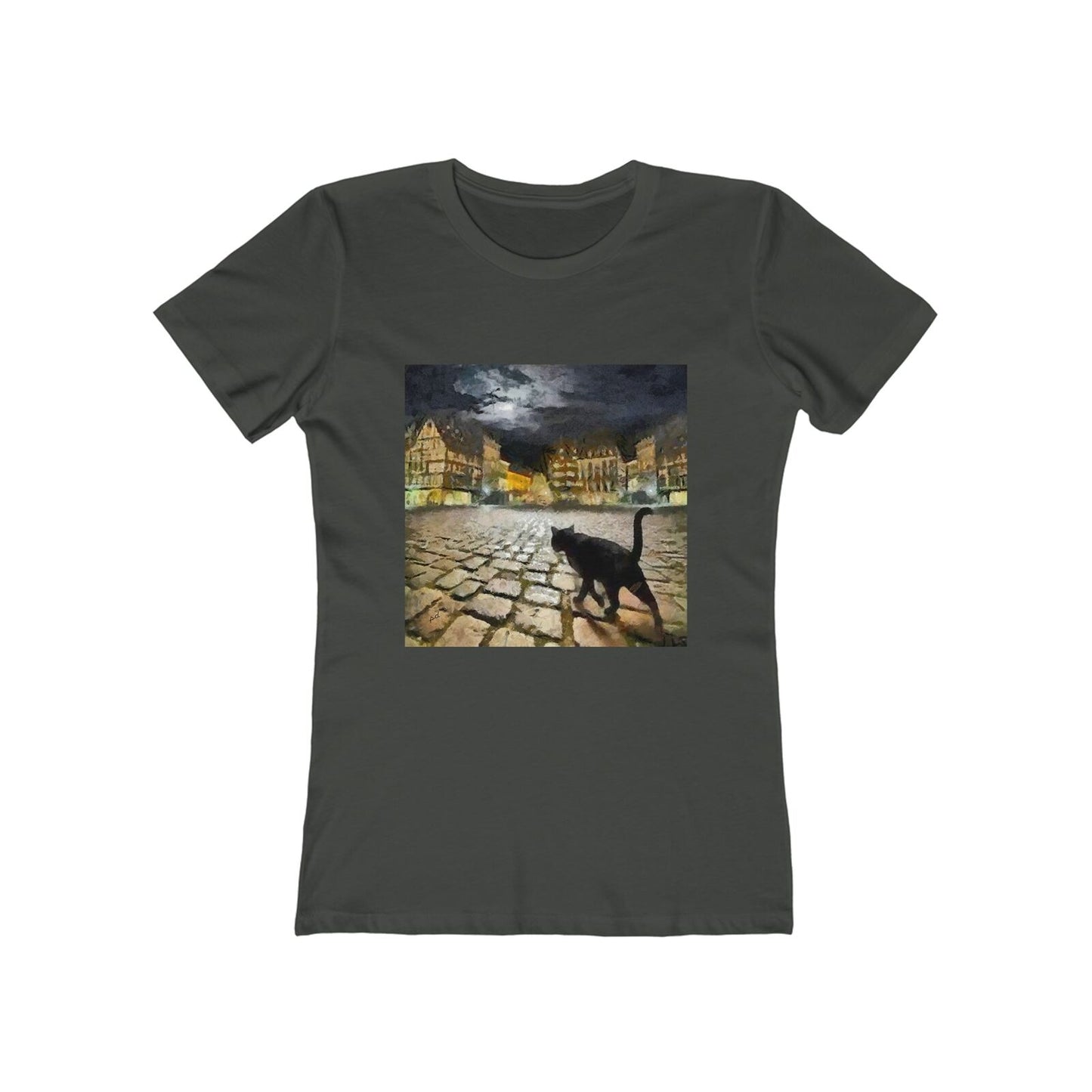 Night Cat Prowling - Women's Slim Fit Ringspun Cotton T-Shirt (Colors: Solid Heavy Metal)