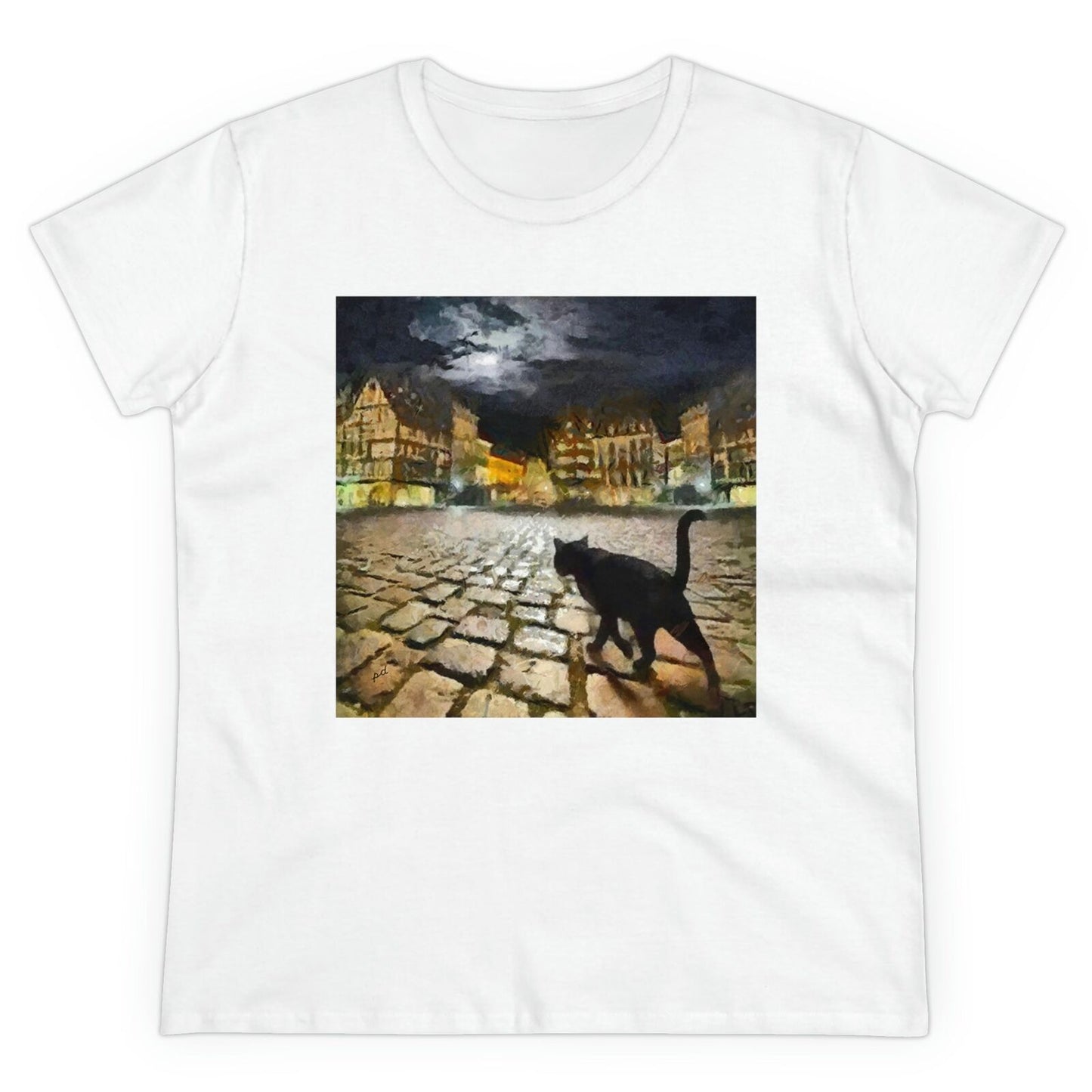 Cat "On the Prowl" Women's Midweight Cotton Tee (Color: White)