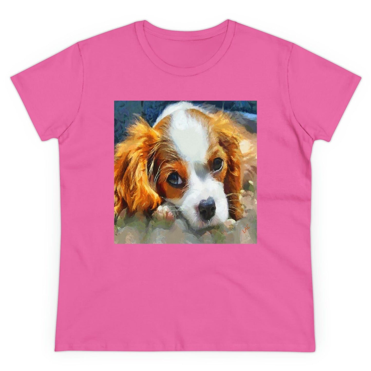 King Charles Spaniel Puppy Women's Midweight Cotton Tee (Color: Azalea)