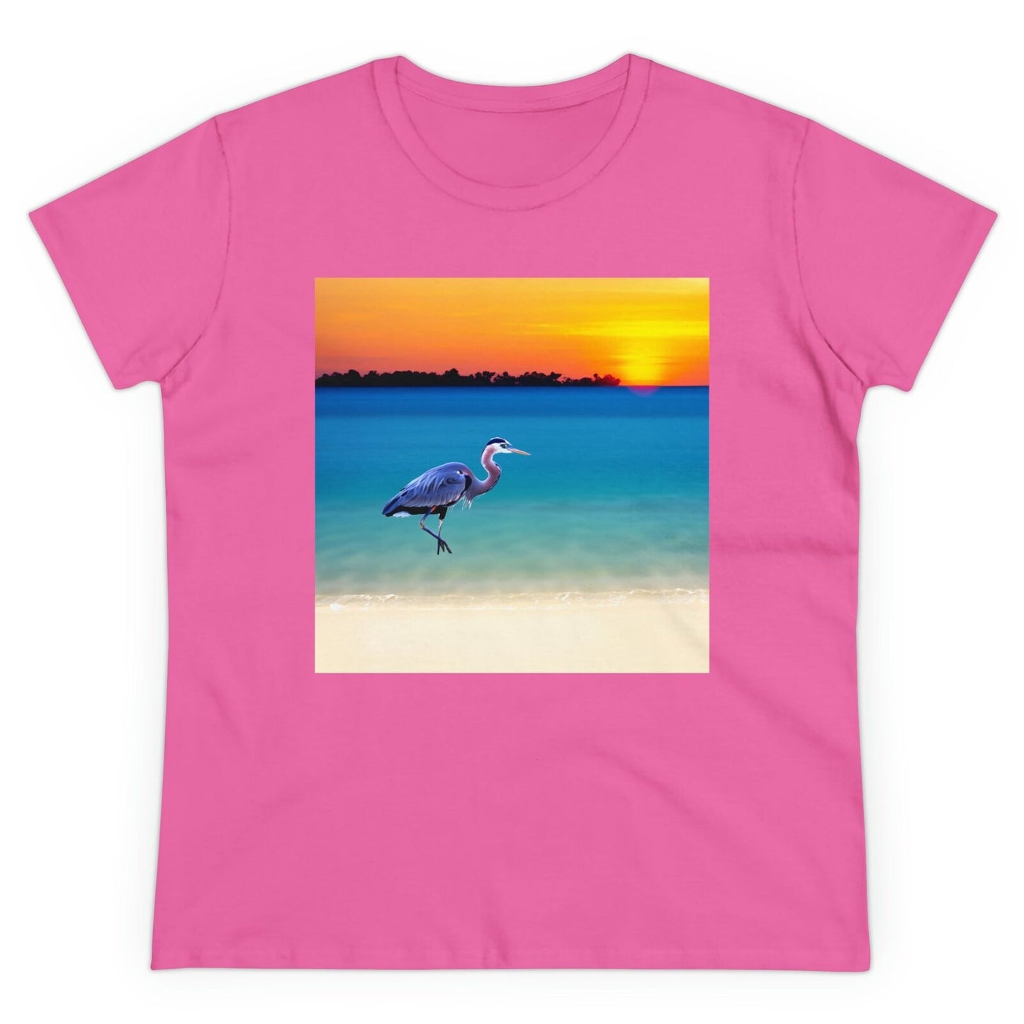 Blue Heron in Sunset Women's Midweight Cotton Tee (Color: Azalea)