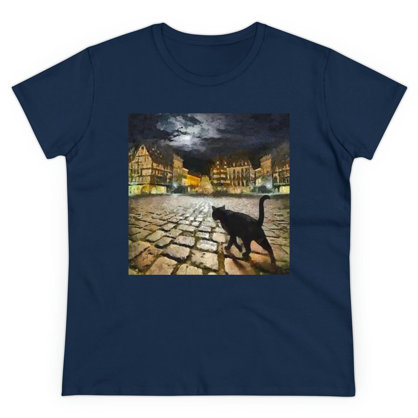 Cat "On the Prowl" Women's Midweight Cotton Tee (Color: Navy)