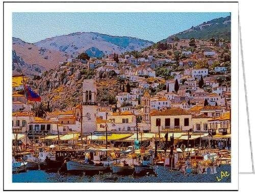 Hydra Port at Dusk - Set of 6 Blank Notecards by Doggylips