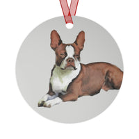 Blue and Brown Boston Terriers Christmas Tree Metal Ornaments - Set of 2