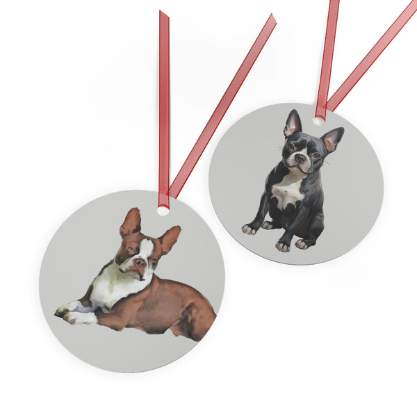 Blue and Brown Boston Terriers Christmas Tree Metal Ornaments - Set of 2