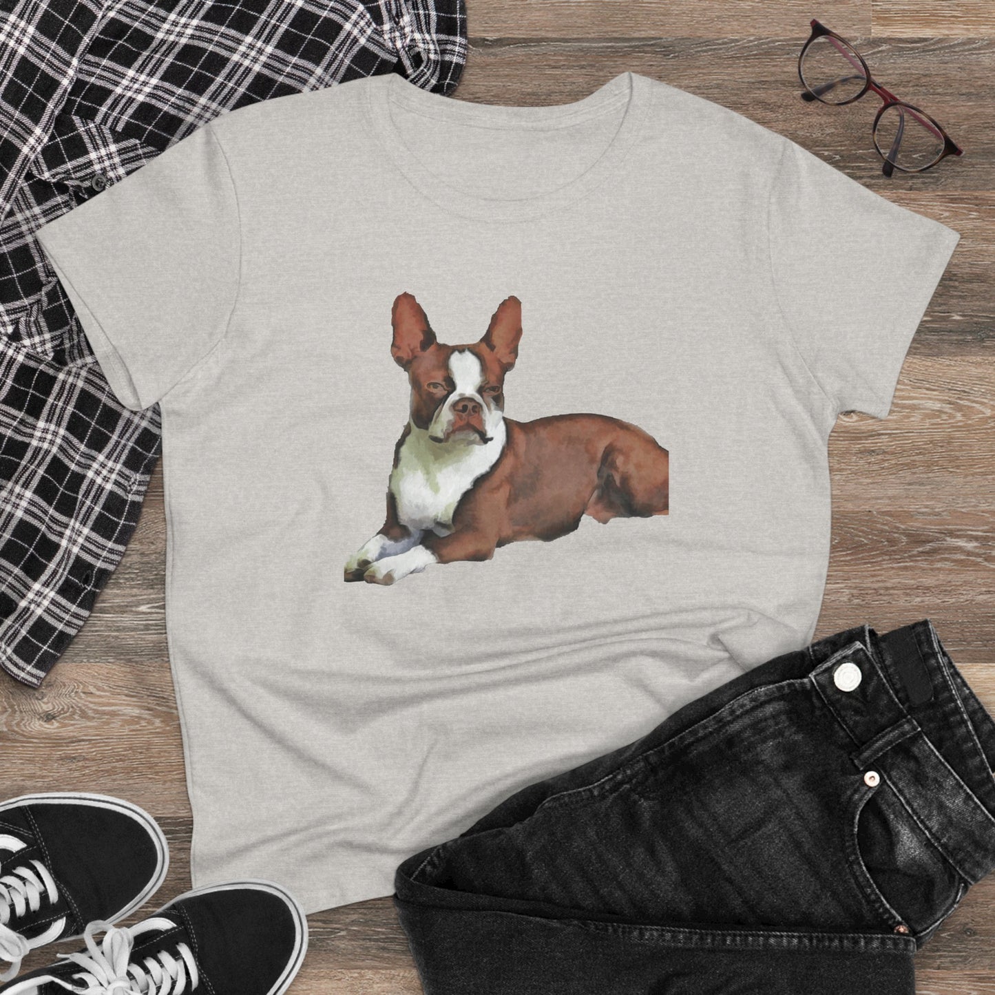 Boston Terrier Midweight Cotton Tee - Brown & White