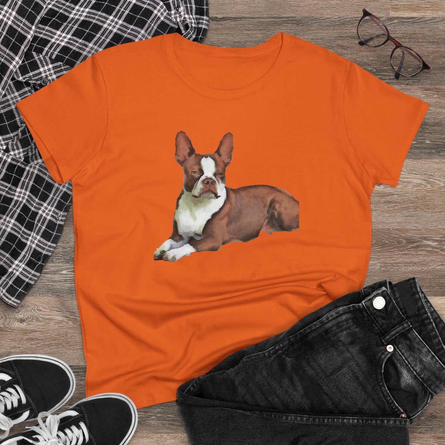 Boston Terrier Midweight Cotton Tee - Brown & White