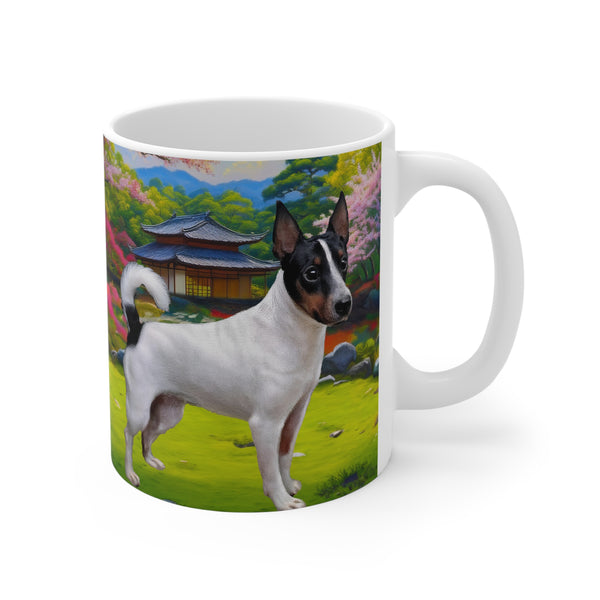 Japanese Terrier  -  11oz Ceramic Coffee Cup featuring a Playful Pup in a Serene Landscape