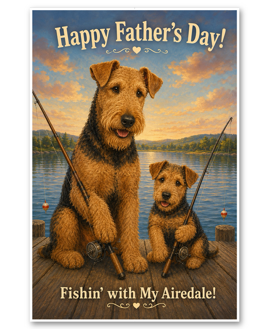 Airedale Terriers Fishing off Dock Father's Day Card