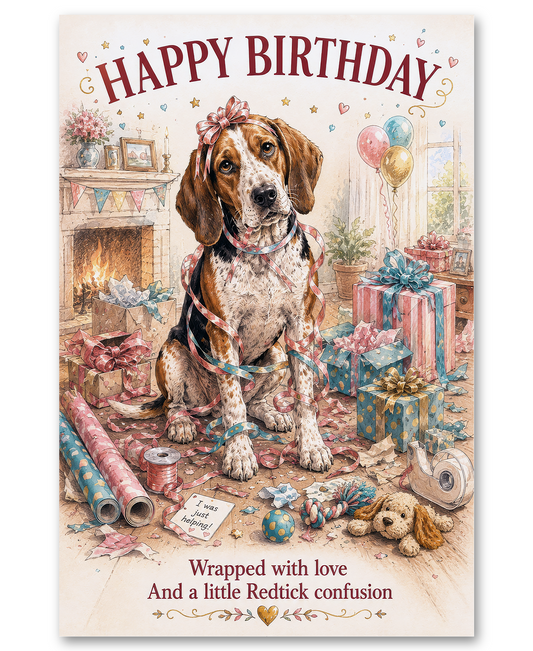 American English Coonhound - Wrapped With Love - Birthday Card