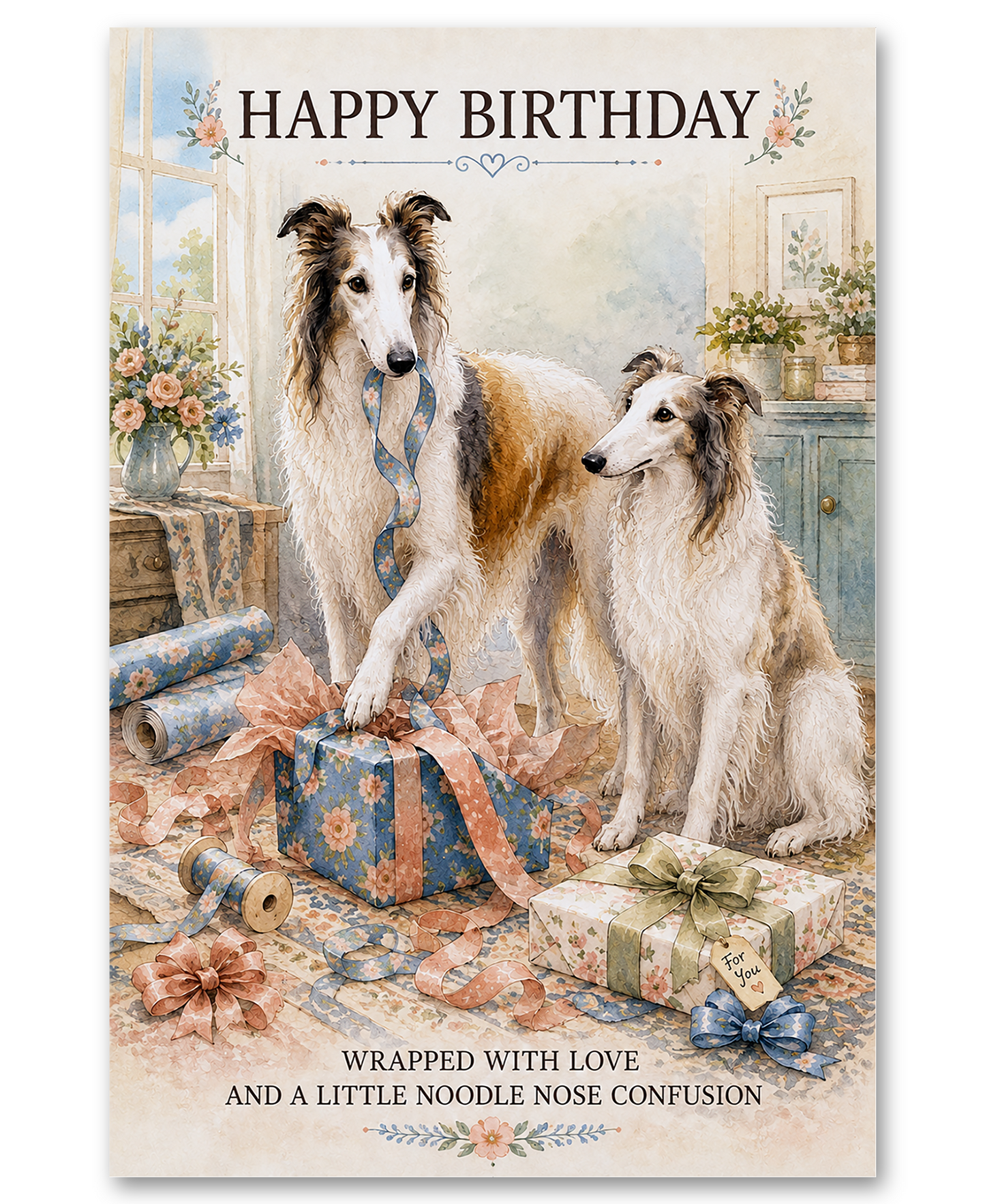 Borzoi - Wrapped With Love - Birthday Card