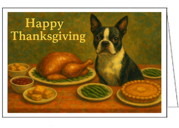 Whimsical Boston Terrier Thanksgiving Card Set
