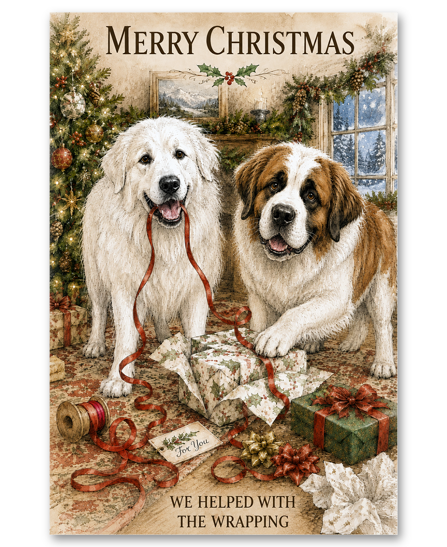 Great Pyrenees & Saint Bernard- Helping Wrap Christmas Presents