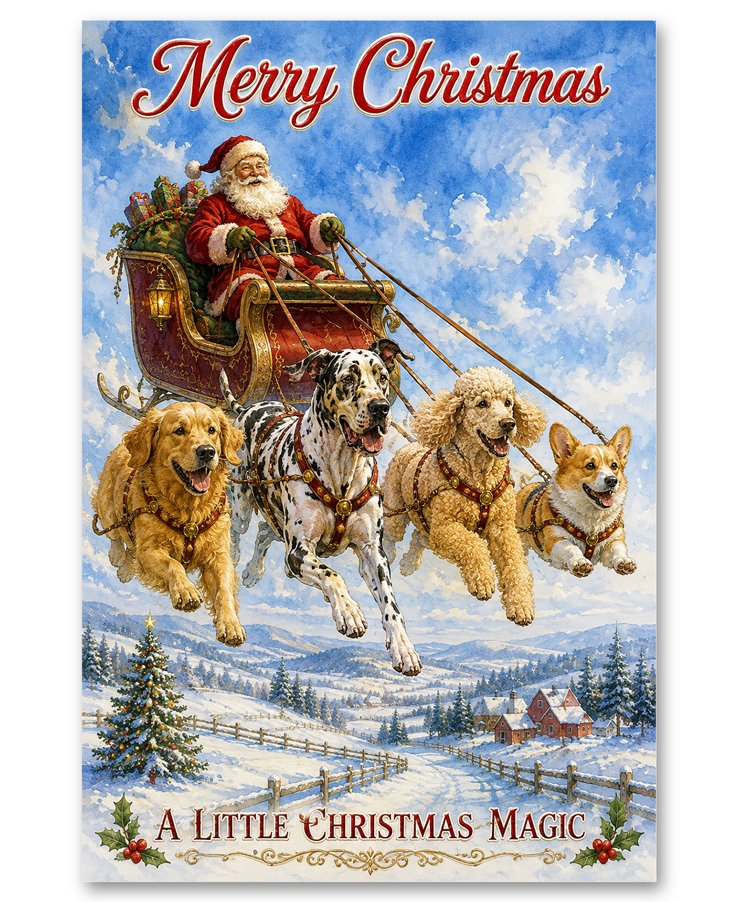 Great Dane, Poodle, Golden Retriever & Welsh Corgi Sleighing With Santa Clause