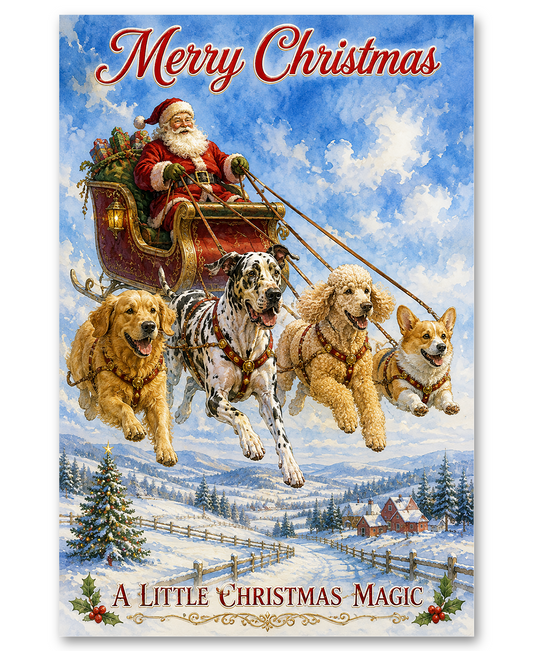 Great Dane, Poodle, Golden Retriever & Welsh Corgi Sleighing With Santa Clause
