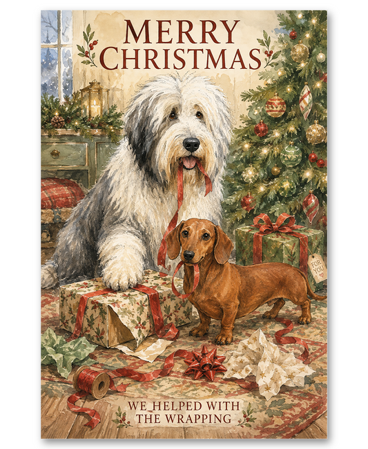Old English Sheepdog & Dachshund -  Helping Wrap Christmas Presents