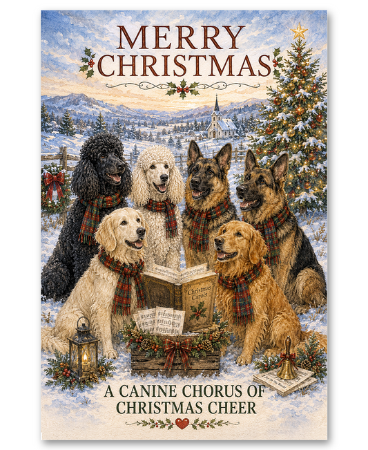 Poodles, German Shepherds and Golden Retrievers  Caroling In the Snowy Countryside
