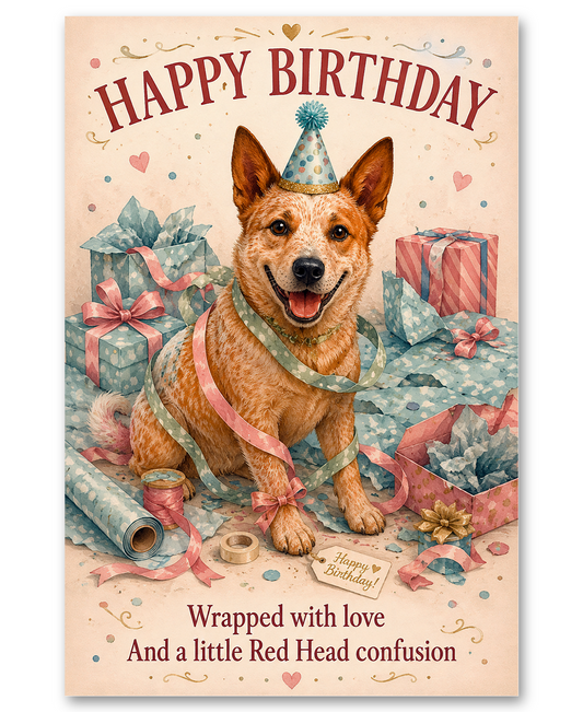 Red Heeler - Wrapped With Love Birthday Card