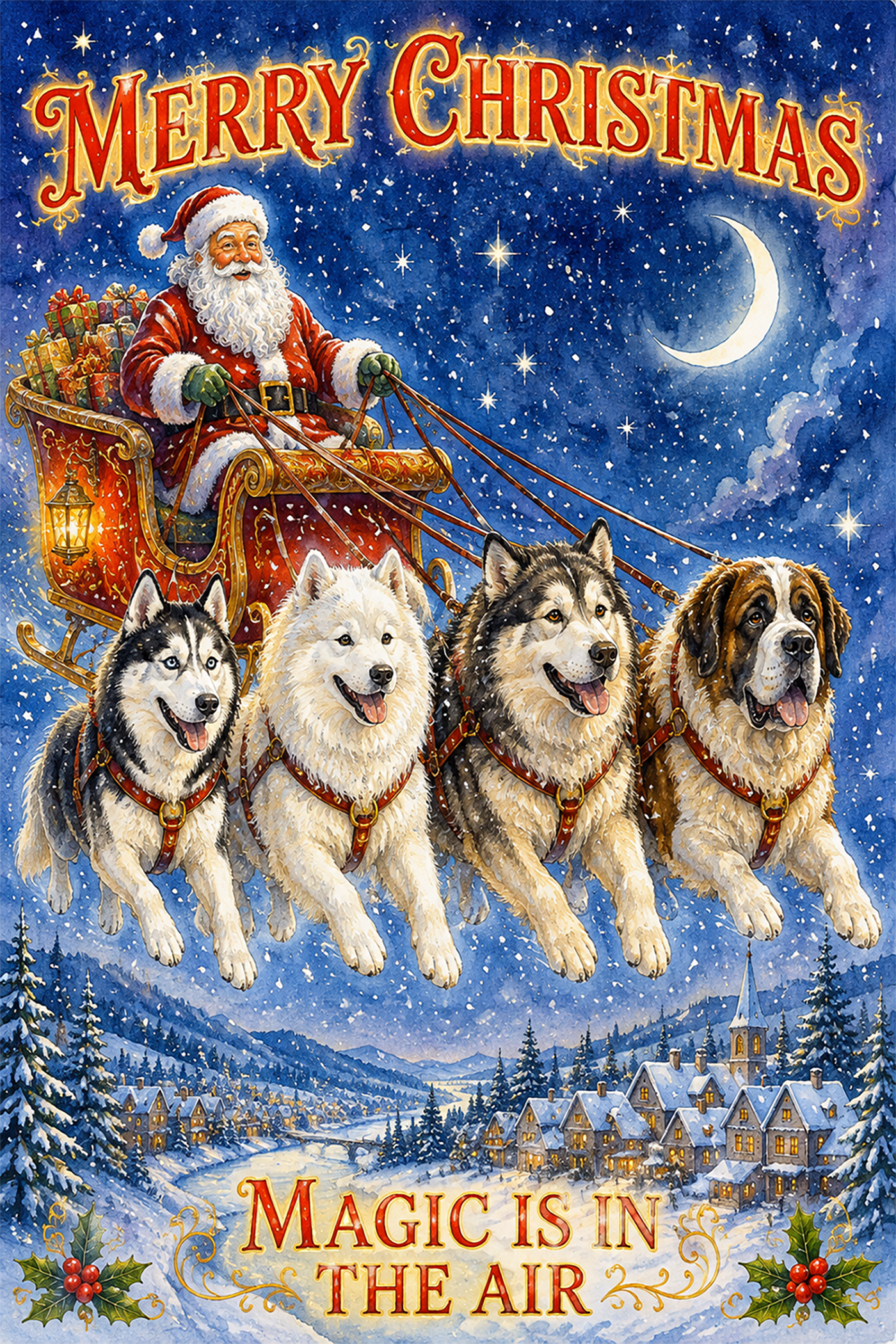 Husky, Samoyed,St. Bernard, & Malamute Sleighing At Night With Santa Clause