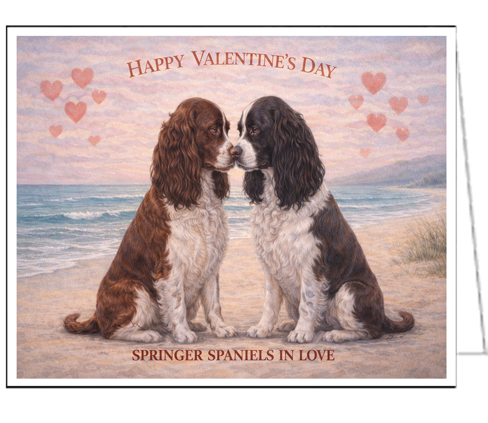 Springer Spaniels In Love - Single Valentine Card and Envelope