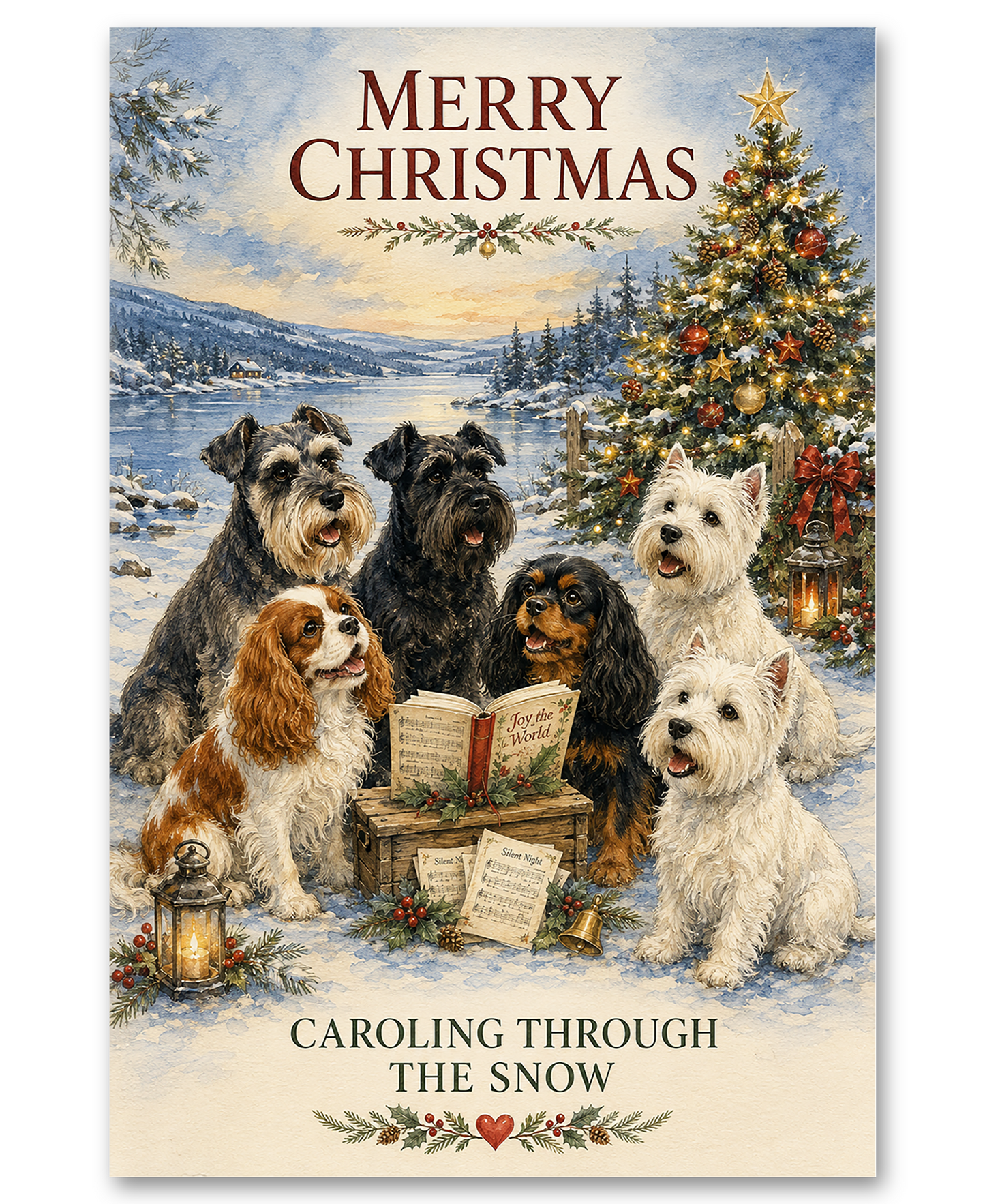 Cavalier King Charles, Schnauzers and Westies Caroling In the Snowy Countryside