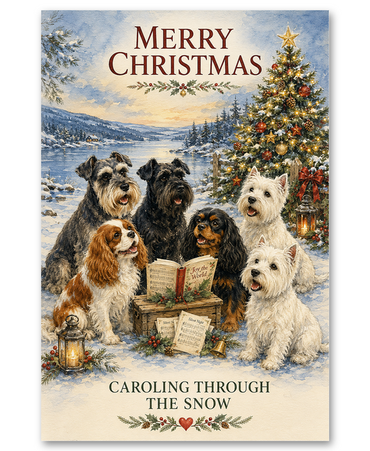 Cavalier King Charles, Schnauzers and Westies Caroling In the Snowy Countryside