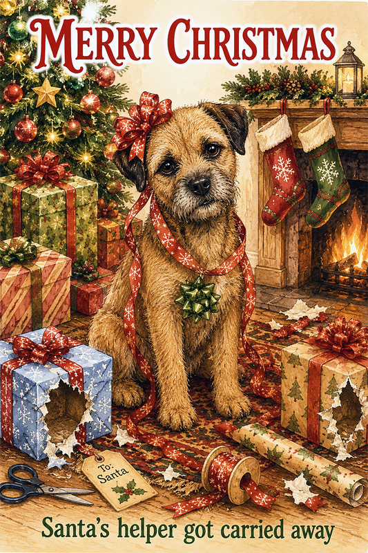 Border Terrier - 'Got carried away' - Christmas Card