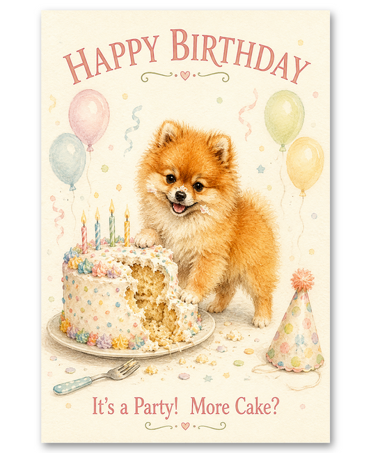 Pomeranian - More Cake - Birthday Card