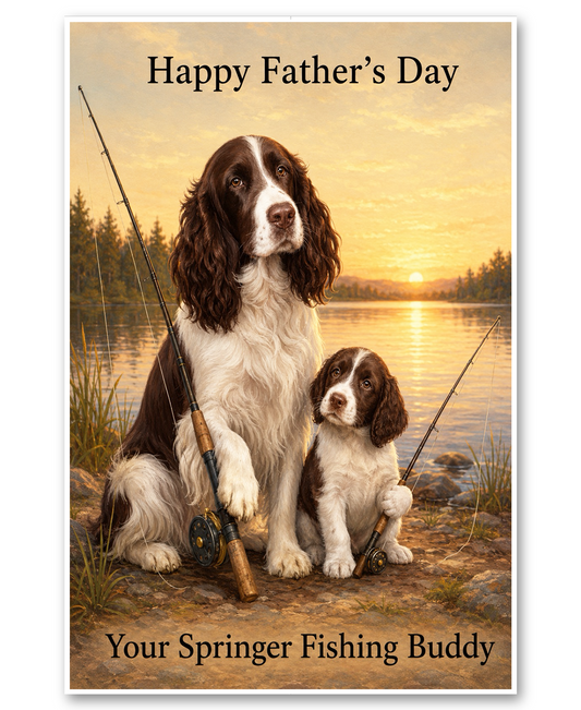 English Springer Spaniels  Fishing at Sunset - Father's Day Card