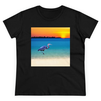 Blue Heron in Sunset Women's Midweight Cotton Tee (Color: Black)